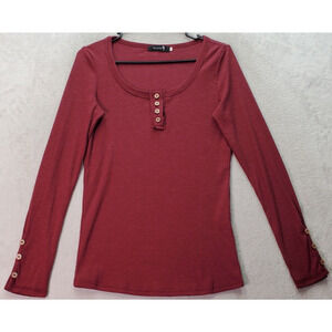 Kissfix Shirt Top Womens Small‎ Maroon Ribbed Polyester Long Sleeve Henley Neck